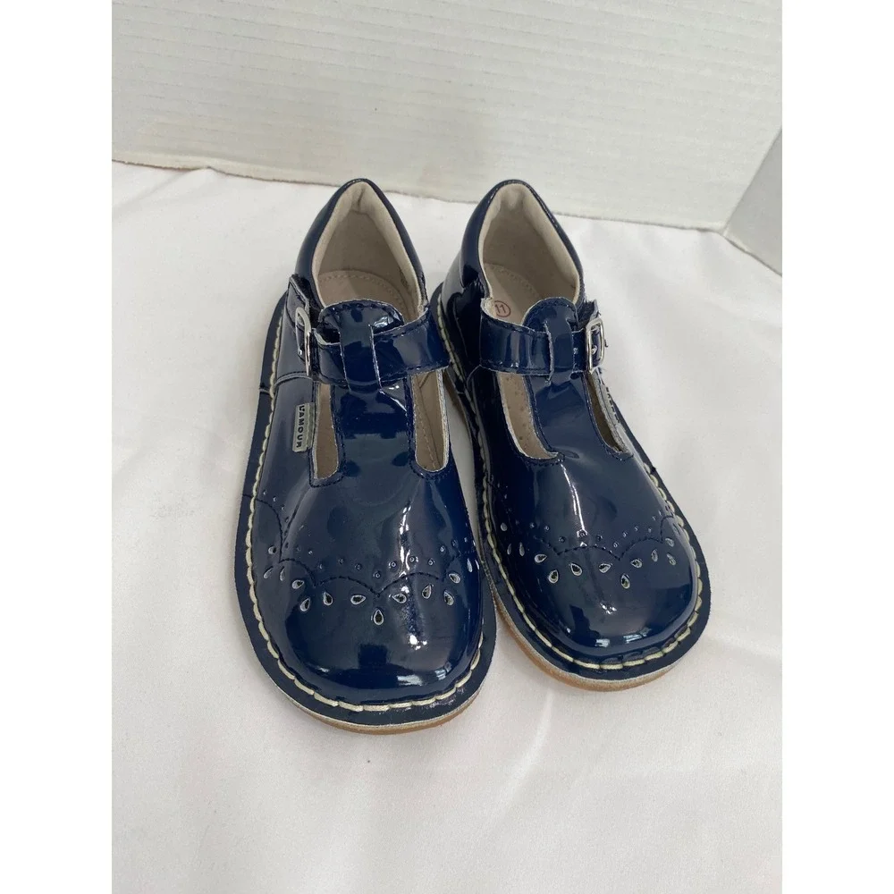 L'Amour Mary Jane T-Strap Girls Size 11 Navy Blue Patent Brogue Dress Shoes
